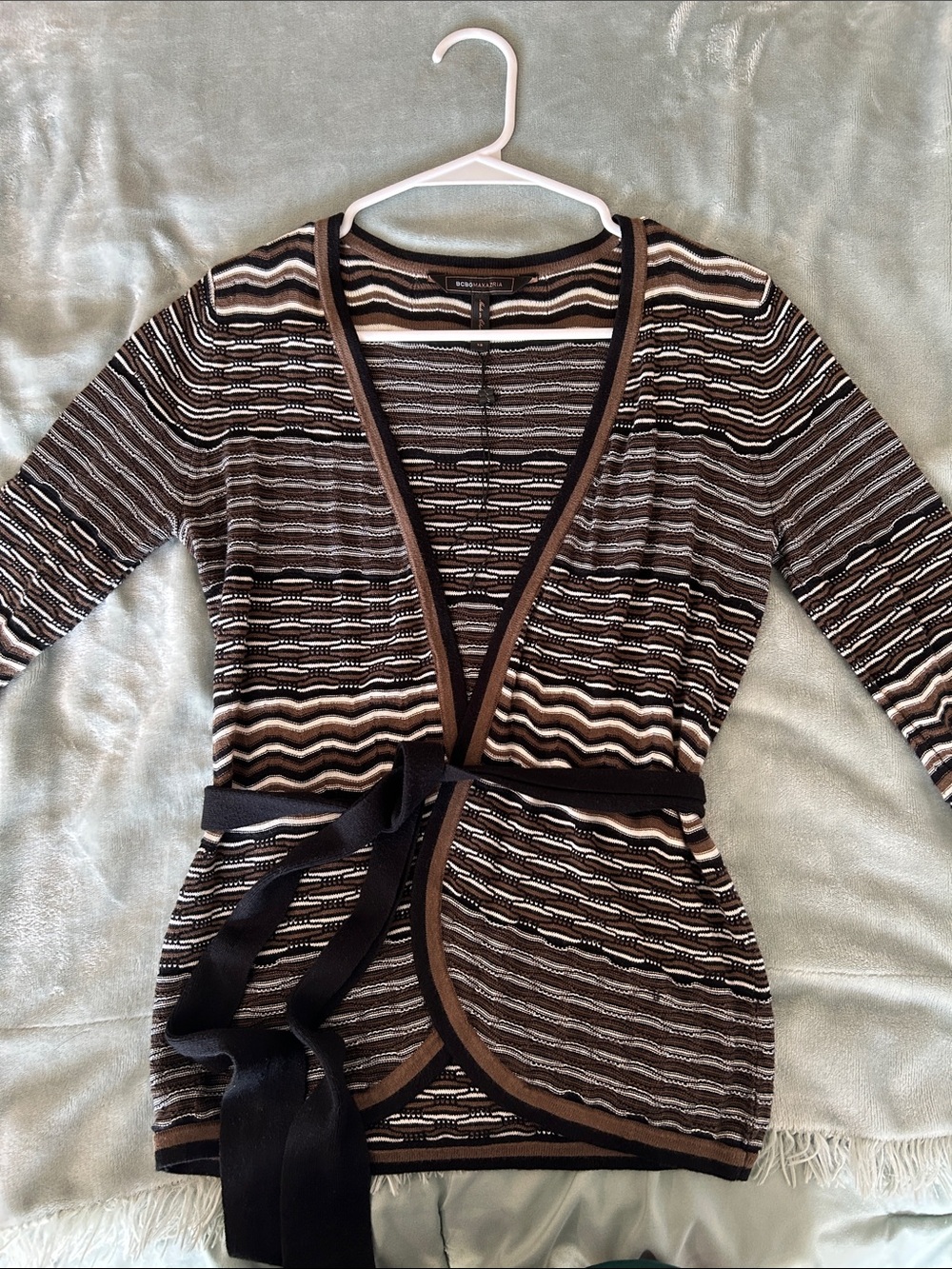 BCBGMaxAzria Brown and Cream Striped Wrap Cardigan